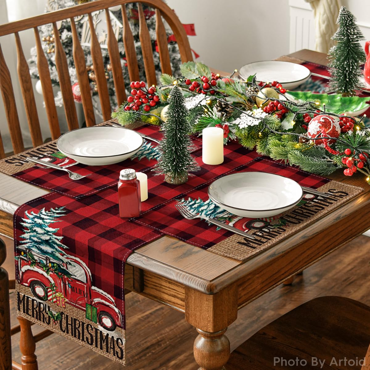 Artoid Mode Red and Black Buffalo Plaid Truck Merry Christmas Placemats Set of 4, 12x18 Inch Xmas Tree Winter Table Mats for Party Kitchen Dining Decoration Artoid Mode
