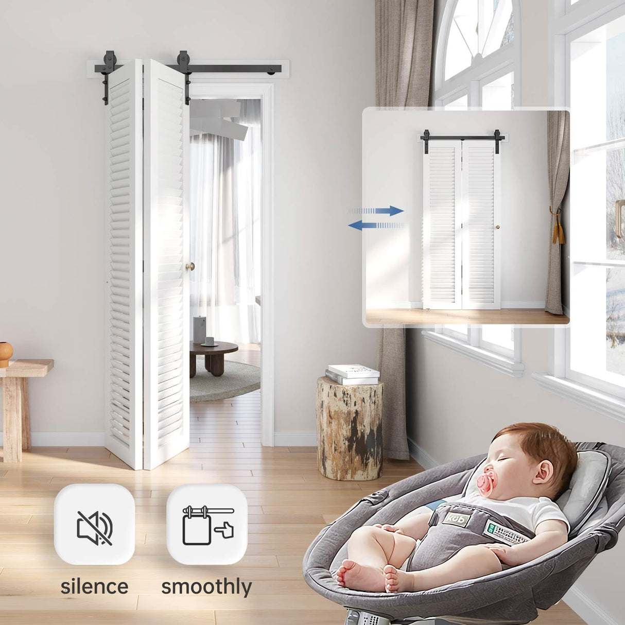 EaseLife 24" Bi-folding Sliding Barn Door Hardware Track Kit for 2 Closet Door,Side Mount,Heavy Duty,Slide Smoothly Quietly,Easy Install,Black,No Door (Track Length 28" for Double 12" Wide Door) EaseLife