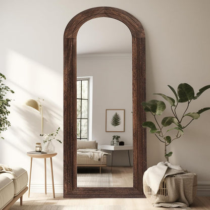 ZHUNFA Arched Full Length Mirror with Solid Wood Frame, 65x22 Farmhouse Wall Mounted Floor Mirror with Stand, Vertical Hanging, Leaning Standing for Bedroom, Living Room, Brown