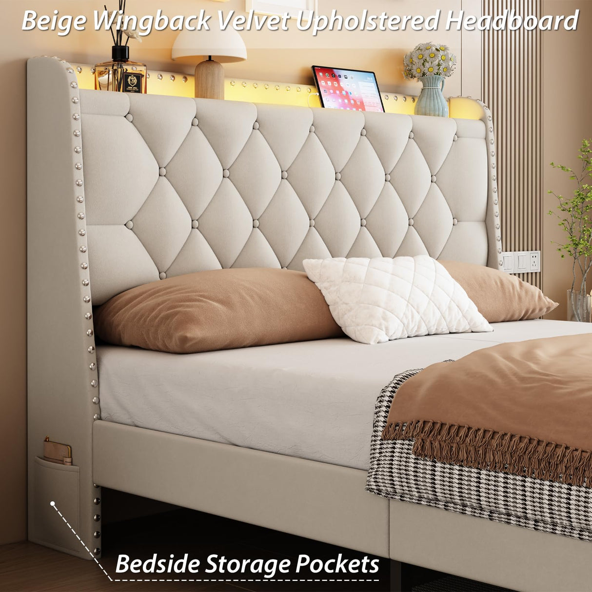 Etditrnp Full Bed Frame with Storage Drawers, LED Bed Frame with Charging Station, Velvet Button Tufted Upholstered Headboard, Wood Slats Support Noise-Free, No Box Spring Needed, Beige Etditrnp