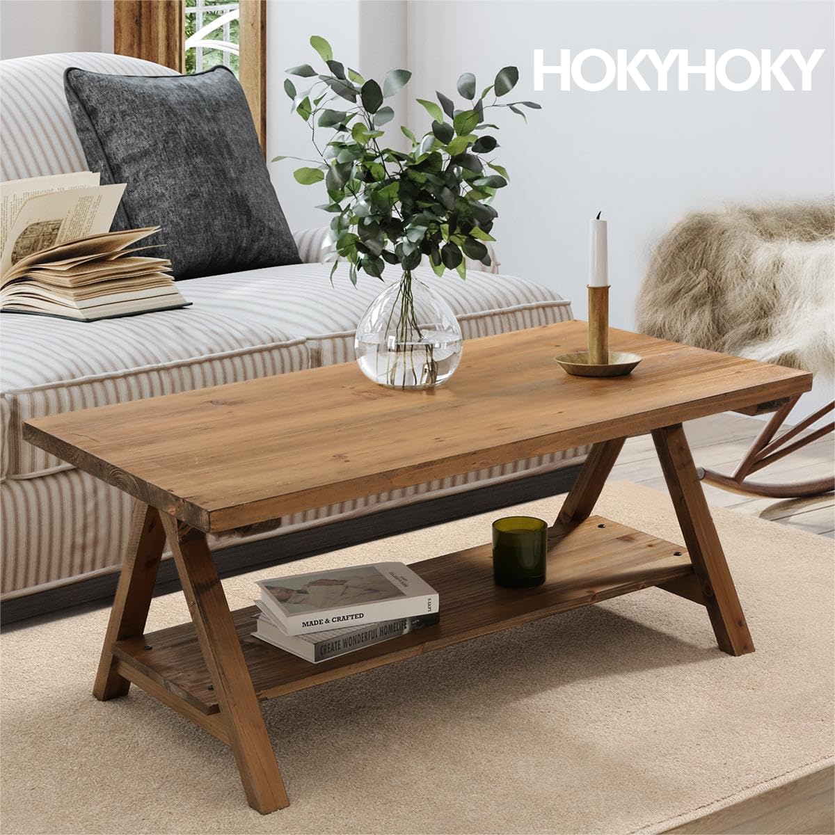 HOKYHOKY Solid Wood Coffee Table - 42.5” Firwood Farmhouse Rustic Wooden Coffee Tables for Living Room, Solid Firwood Rectangle Coffee Table, Center Table for Living Room, Brown