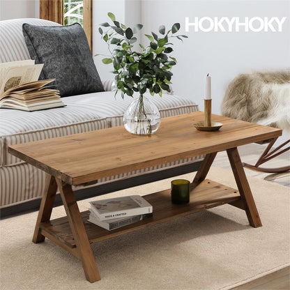 HOKYHOKY Solid Wood Coffee Table - 42.5” Firwood Farmhouse Rustic Wooden Coffee Tables for Living Room, Solid Firwood Rectangle Coffee Table, Center Table for Living Room, Brown