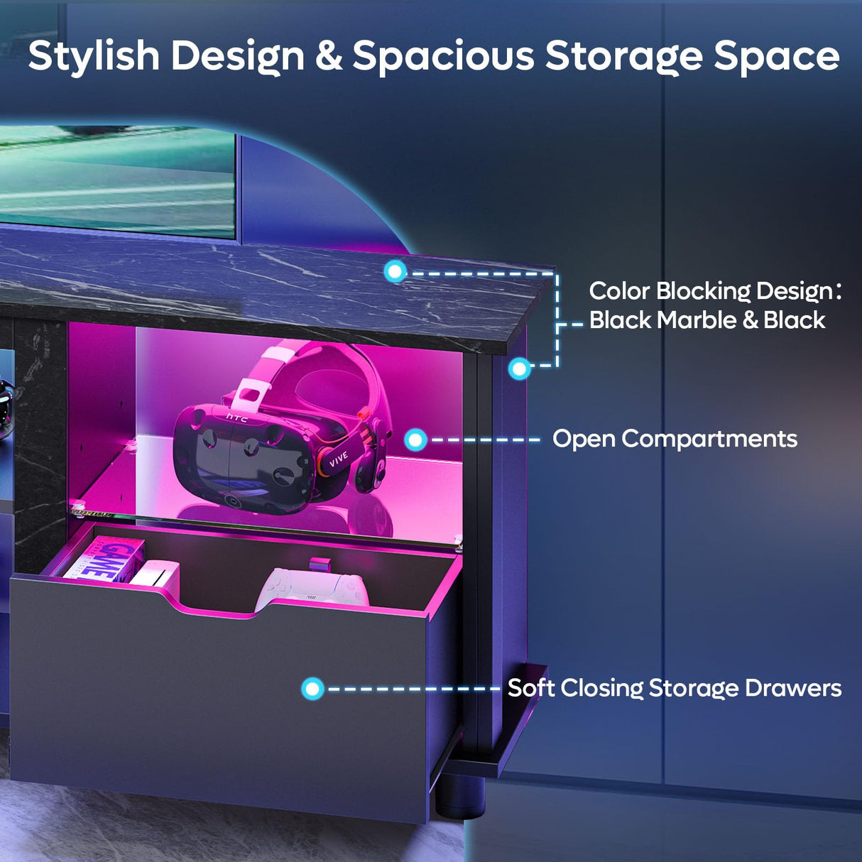 Bestier 70" Gaming Entertainment Center with Drawers, LED TV Stand for 75 Inch TV, TV Entertainment Stand for Living Room with Storage and Glass Shelves (Black Marble) Bestier