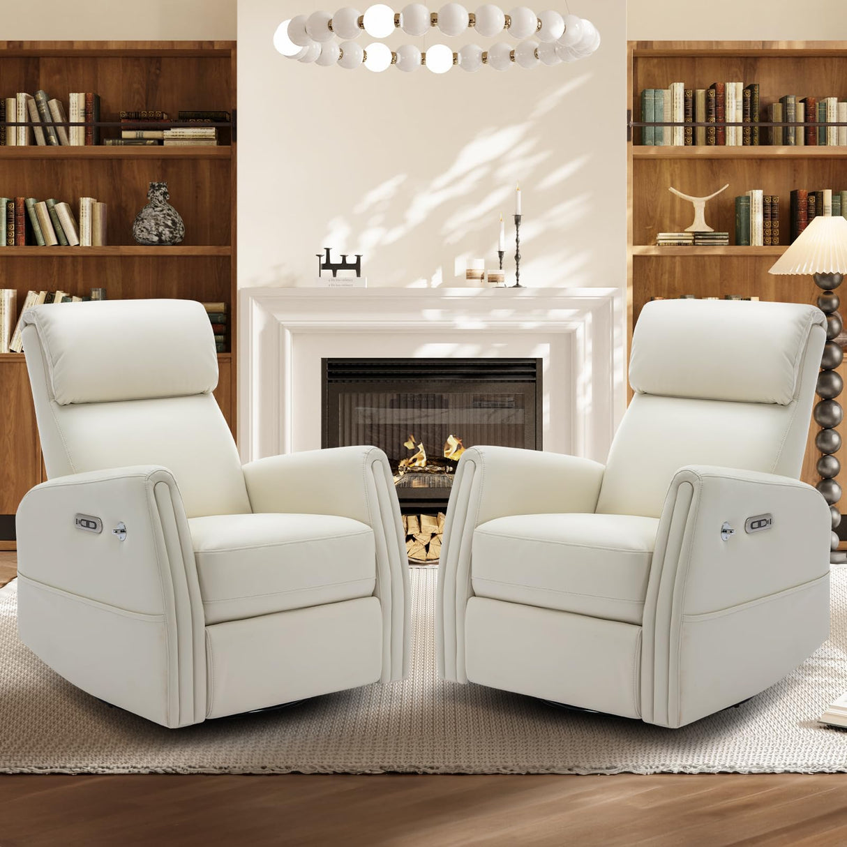 COLAMY Modern Electric Power Swivel Recliner Chair, Beige Leather, 270 Swivel 145 Recline, Built-in Charging Ports, Adult Relaxing Chair COLAMY