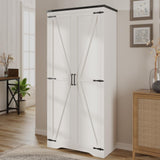 72''H Tall Kitchen Pantry with 2 Barn Doors, Farmhouse Storage Organizer with Adjustable Shelves, Tall Freestanding Cabinet for Kitchen, Dining/Living/Utility Room/Bathroom/Garage, White Vabches