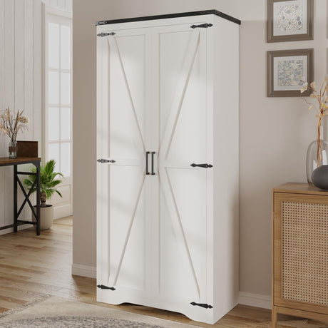 72''H Tall Kitchen Pantry with 2 Barn Doors, Farmhouse Storage Organizer with Adjustable Shelves, Tall Freestanding Cabinet for Kitchen, Dining/Living/Utility Room/Bathroom/Garage, White Vabches