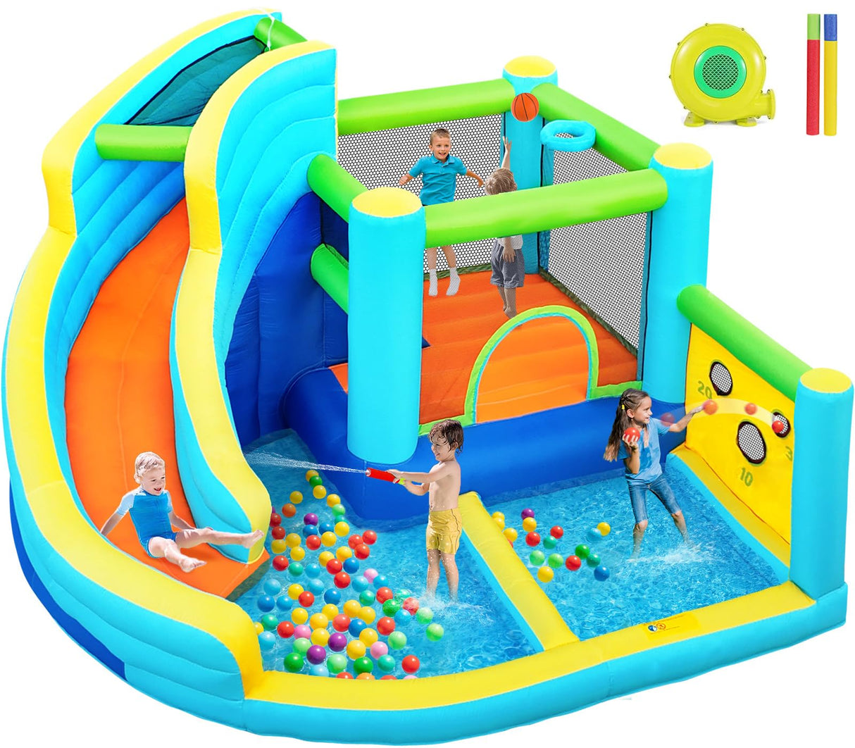 FBSPORT Inflatable Bounce House, Water Slide Park Slide Bouncer with Ball Shooting, Climbing Wall, Jumping and Splash Pool, Kids Bouncy Castle with 450W Air Blower for Outdoor Backyard FBSPORT
