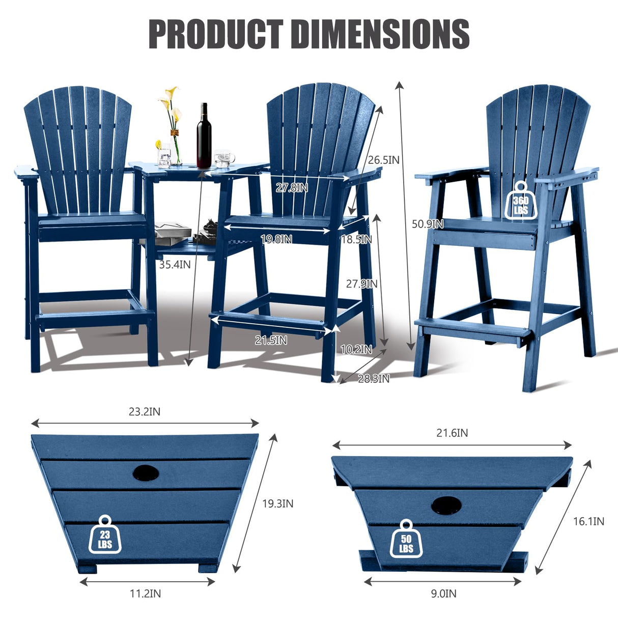 FOOWIN Tall Adirondack Chairs Set of 2，Recycled Poly Balcony Chair with Double Connecting Tray Patio Stools Weather Resistant for Outdoor Deck Lawn Pool Backyard (Double Connecting Tray, Navy Blue) FOOWIN