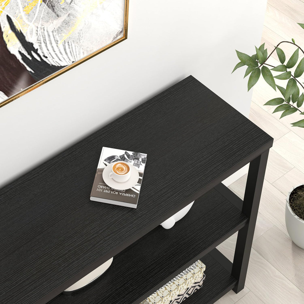 FOLUBAN Entryway Table, Modern Sofa Console Table with 3 Tier Storage Shelf, Hallway Foyer Table for Living Room, Industrial Black Oak FOLUBAN