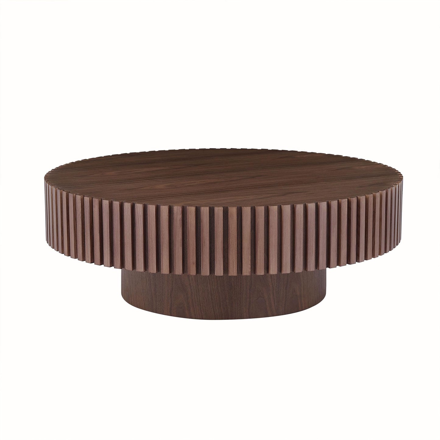 kevinplus 31.49'' Walnut Round Coffee Table Modern Wood Coffee Table for Living Room, Contemporary Circle Fluted Drum Coffee Table, Easy Assembly, Walnut (ø31.49'' x 13.77'') - WoodArtSupply