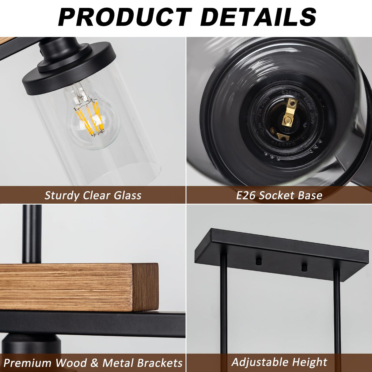 Dining Room Light Fixture Over Table, Farmhouse 4-Light Kitchen Island Lighting, Modern Wood Chandelier with Adjustable Height, Large Industrial Black Pendant Lights Ceiling Hanging for Living Room VenzBlomia