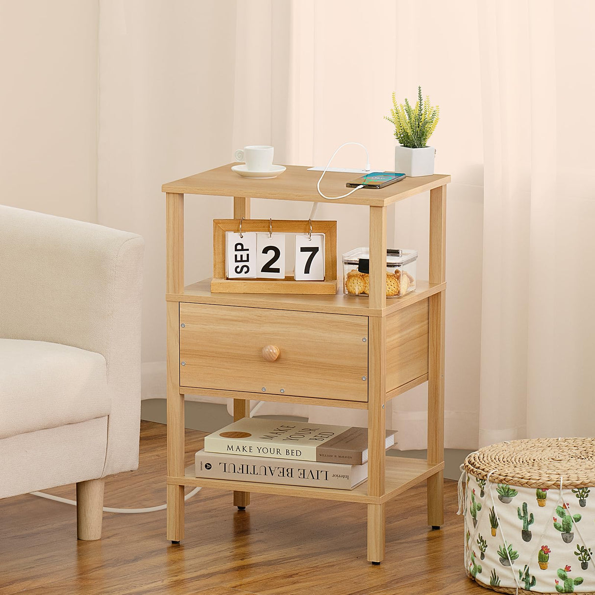 Lerliuo Nightstand with Charging Station and USB Ports, 3-Tier Storage End Table with Drawer Shelf, Night Stand for Small Spaces, Wood Bedside Table for Living Room, Bedroom - Natural Wood Lerliuo