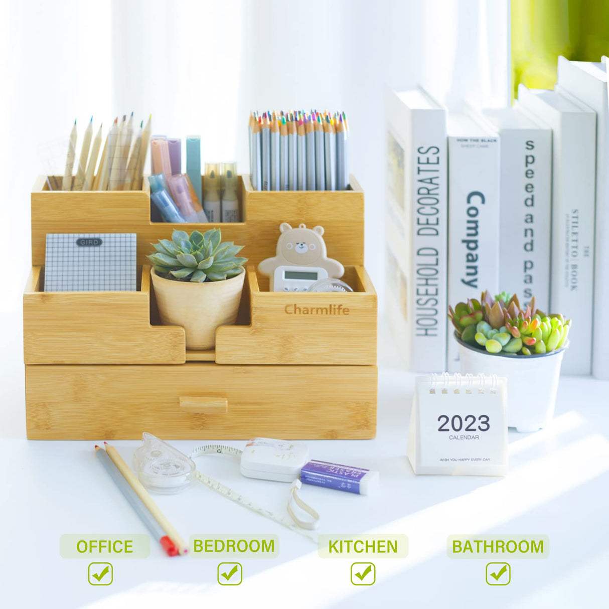 Charmlife Bamboo Desk Organizer - Makeup & Pen Storage with Drawer & Pencil Holder for Office Organization Charmlife