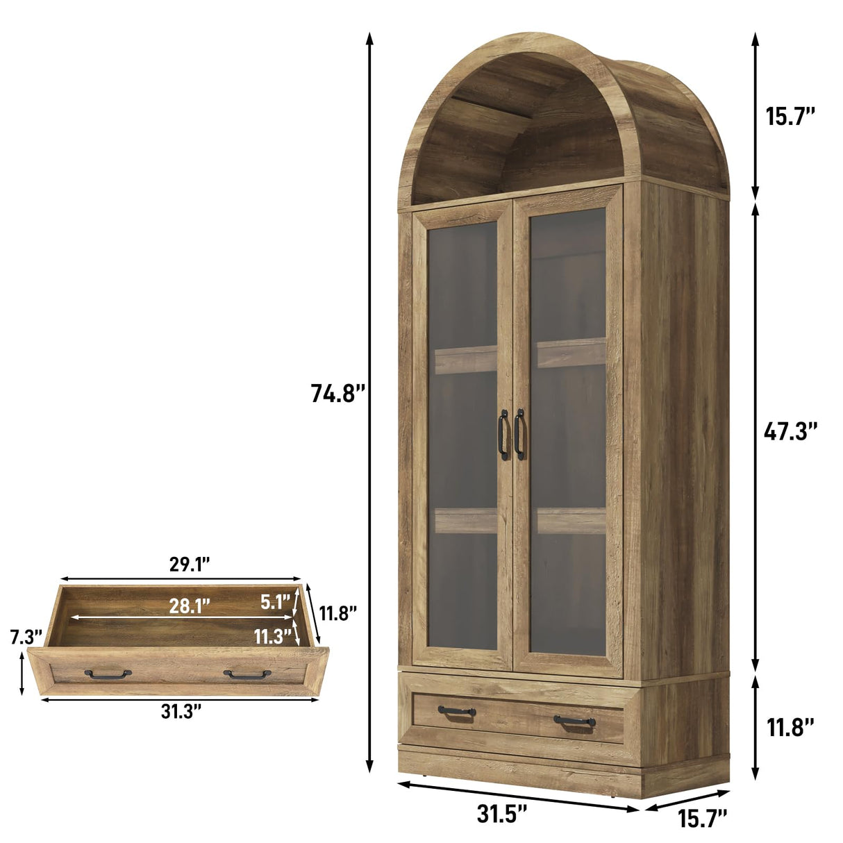 75" Tall Arched Kitchen Pantry Cabinet w Load-Bearing Steel Pipe,Modern Farmhouse Kitchens Storage Cabinet with Drawer and Glass Doors,Tall Arched Bookcase,Pantry Organizer for Living Room(Natural) chartustriable