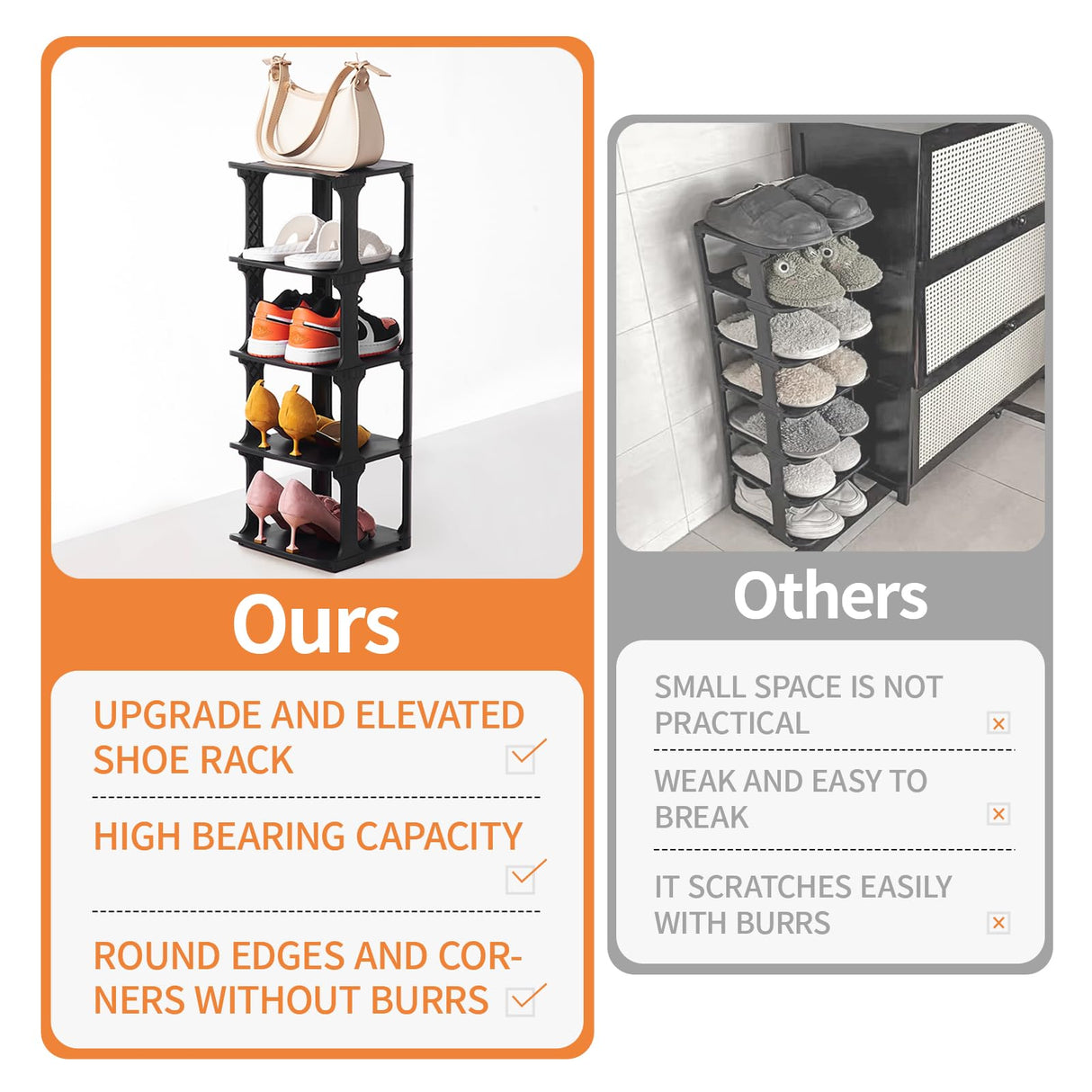 HHK HenHaoKan 5 Tiers Shoe Rack Organizer for Closet Shoe Holder Storage Narrow Plastic Vertical, Free Standing Shoe Rack Shelf for Entryway Stackable Stability DIY, Black HHK HenHaoKan