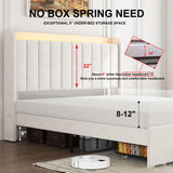 TIGUBFRE Full Size Bed Frame with Storage Headboard, Upholstered Platform Bed Frame with LED Lights, Drawers, Charging Station, Wood Slats Support, No Box Spring Needed, Noise Free, Beige TIGUBFRE