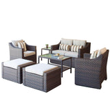 SOLAURA Outdoor Patio Furniture Set 7-Piece Brown Wicker Conversation Furniture Set Patio Lounge Chairs with Ottoman & Loveseat with Glass Coffee Table (Pillow Included) SOLAURA