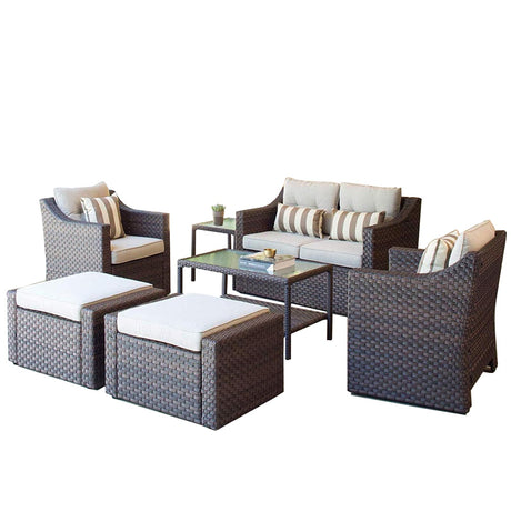 SOLAURA Outdoor Patio Furniture Set 7-Piece Brown Wicker Conversation Furniture Set Patio Lounge Chairs with Ottoman & Loveseat with Glass Coffee Table (Pillow Included) SOLAURA