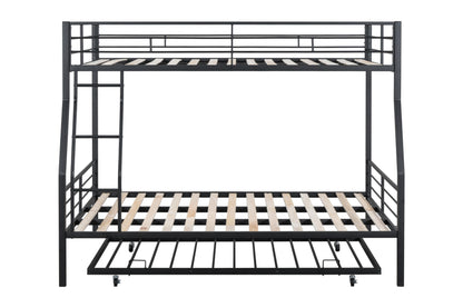 DNYN XL Over Queen Metal Bunk Bed with Trundle and Wood Slat Support in Black - Space-Saving Design for Kids and Guests - WoodArtSupply