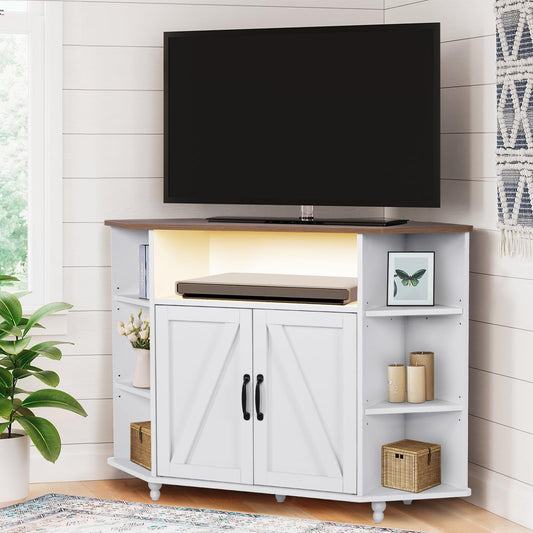 4 EVER WINNER Corner TV Stand for 55 Inch with LED Lights, Farmhouse Corner TV Cabinet with Adjustable Shelves, Corner Entertainment Center with Barn Doors for Living Room, White - WoodArtSupply