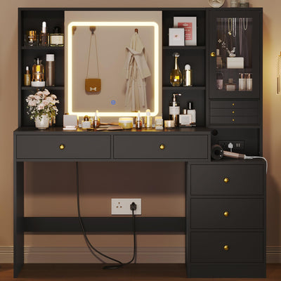 HAUOMS Makeup Vanity Desk with Lighted Sliding Mirror & Jewelry Organizer, Makeup Dressing Table with 5 Drawers, Modern Black