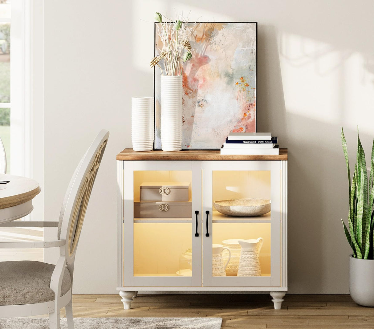 WAMPAT TV Stand for 100 Inch TV, Wood TV Console Table for 75/80/85/90 Inch TV, Entertainment Center with Glass Door & Drawer, Kitchen Sideboard Buffet Cabinet for Dining Room, Off White WAMPAT