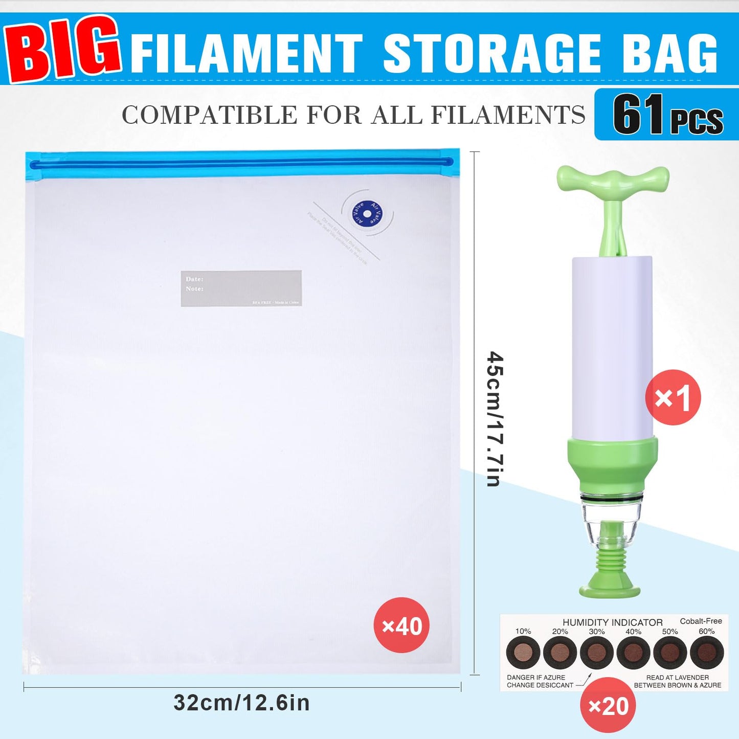 Jetec 61pcs Large 3D Filament Storage Bags Vacuum Bag Kit, Include 40 Reusable Vacuum Seal Bags 32 x 45 cm 3D Printer Filament Bags, 20 Cobalt Free Humidity Indicator Card, Hand Pump for Fila - WoodArtSupply