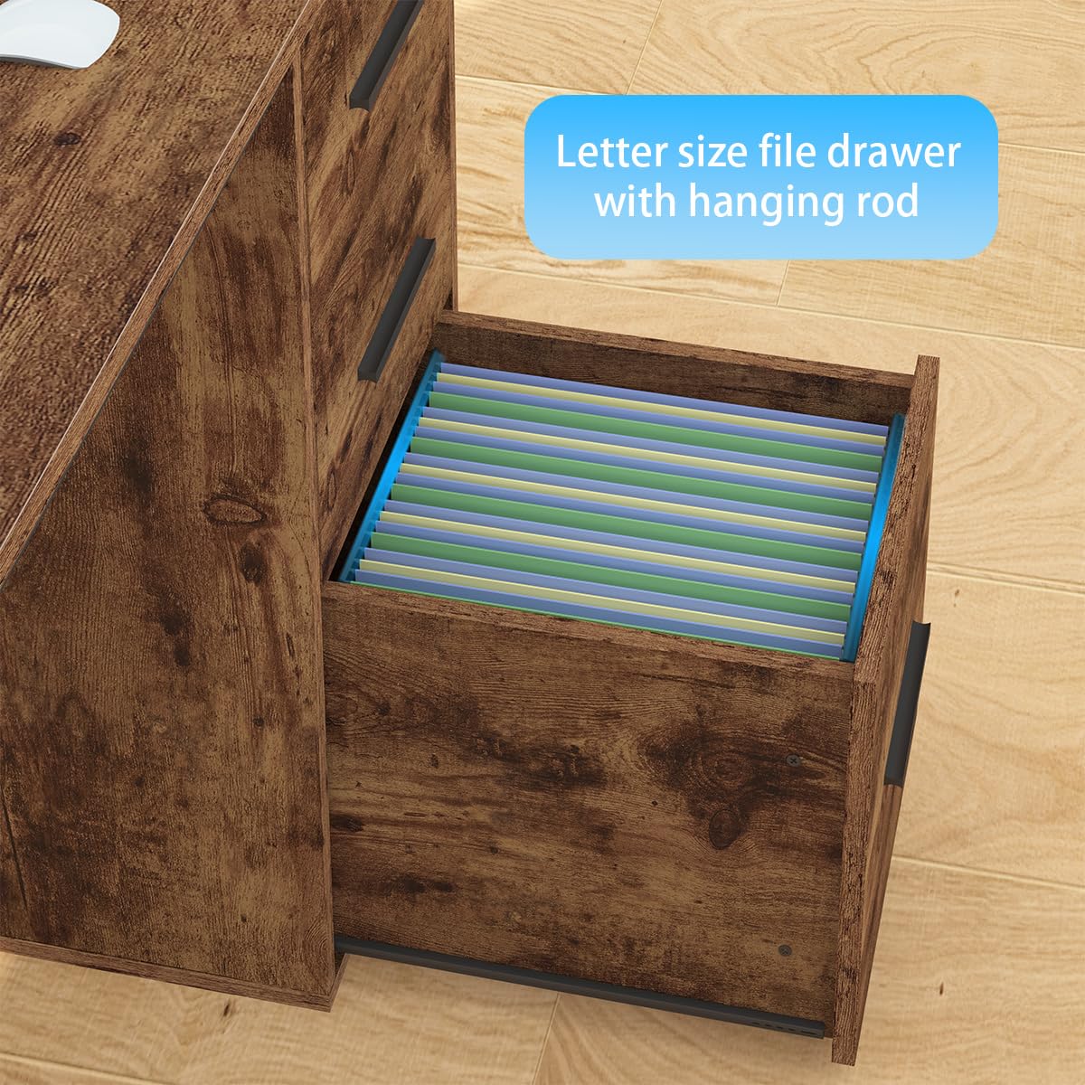 HSH L Shaped Computer Desk with File Drawers, Large Metal Wood L Shape Table with Storage Cabinet Shelves, Reversible Corner Home Office Executive Writing Study Workstation Desk, Rustic Brown, 59 Inch HSH