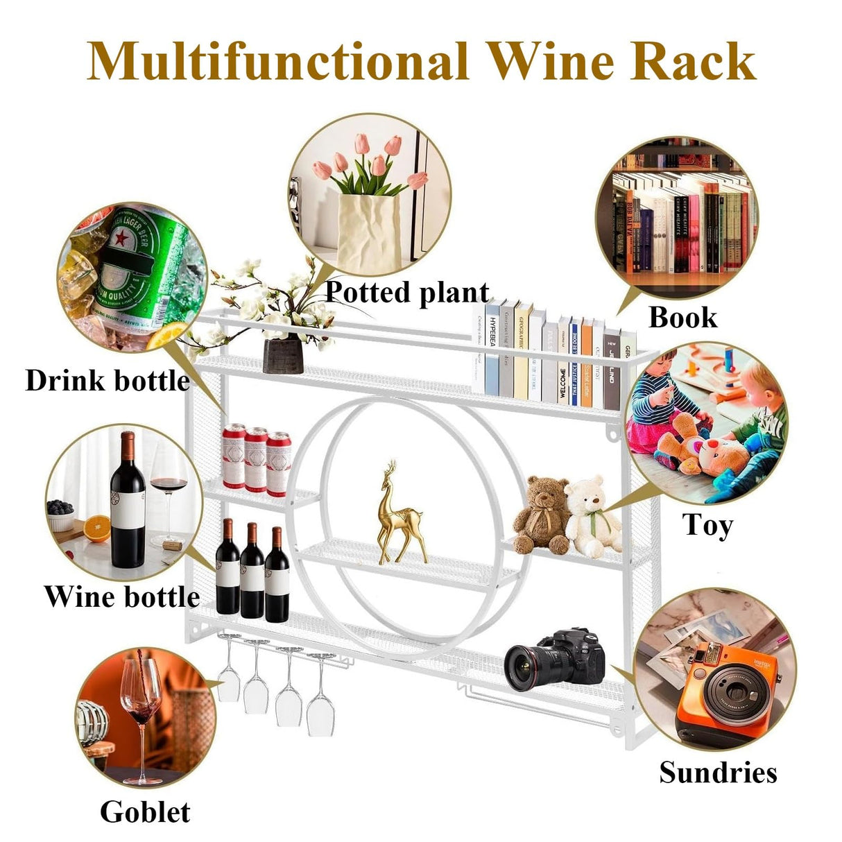 Iron Wall Wine Rack with LED Light- Display Shelf with Wine Glass Holder | Multifunctional Hanging Wine Holder | Metal Wall Mounted Wine Rack |for Dining Room, Bar and Wine Cellar(White,39.3in/100cm) Diodceraic