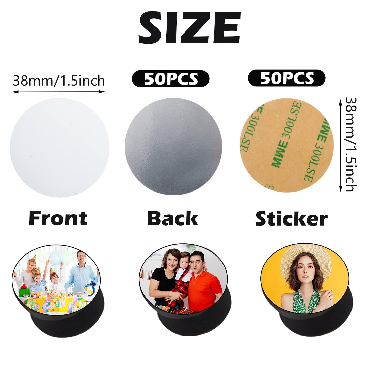 50 Pieces 1.5 Inch Sublimation Blank Aluminum Stickers Sublimation Aluminum Sheet Round Metal Board Photo Pendant DIY Heat Transfer Personalized Bracket Collapsible Phone Holders