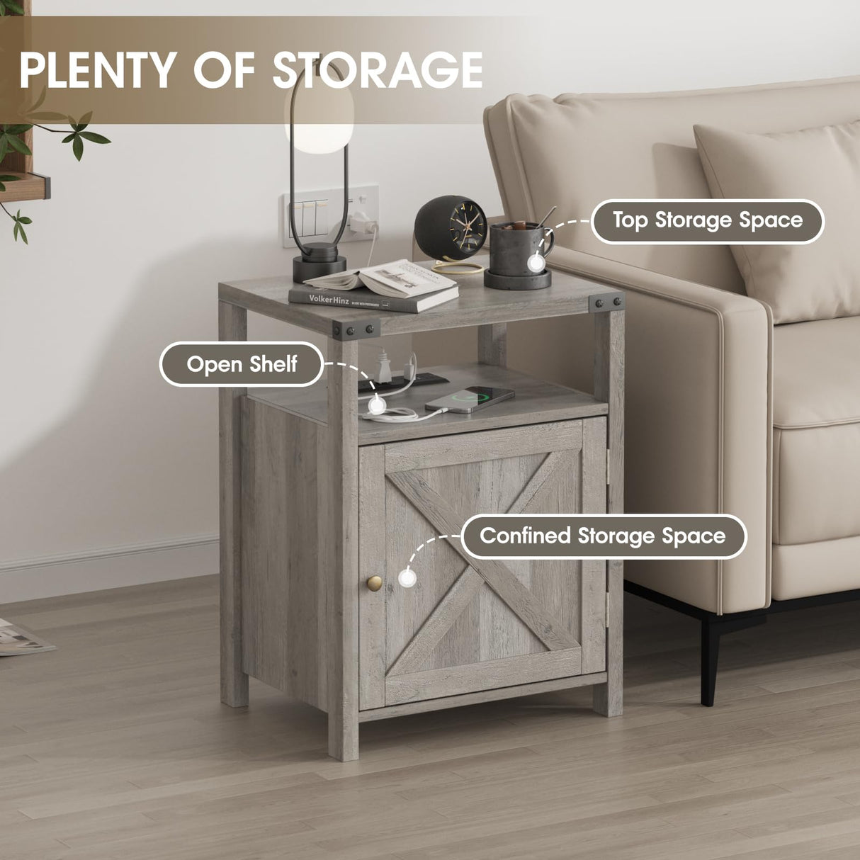 Fameill Nightstands Set of 2, Night Stand with Charging Station, Bed Side Table with Storage Cabinet, Farmhouse End Table for Living Room with USB Ports and Outlets, Gray Fameill