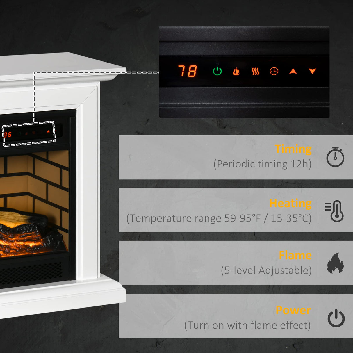 HOMCOM 31" Electric Fireplace with Dimmable Flame Effect and Mantel, Freestanding Space Heater with Log Hearth and Remote Control, 1400W, White HOMCOM