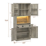 UPOSOJA Farmhouse Kitchen Pantry Cabinet with Operation Table, 72.6" Storage Cabinet with LED Lights and Power Strip, Adjustable Shelves for Dining Room, Bathroom, Living Room (Gray) UPOSOJA