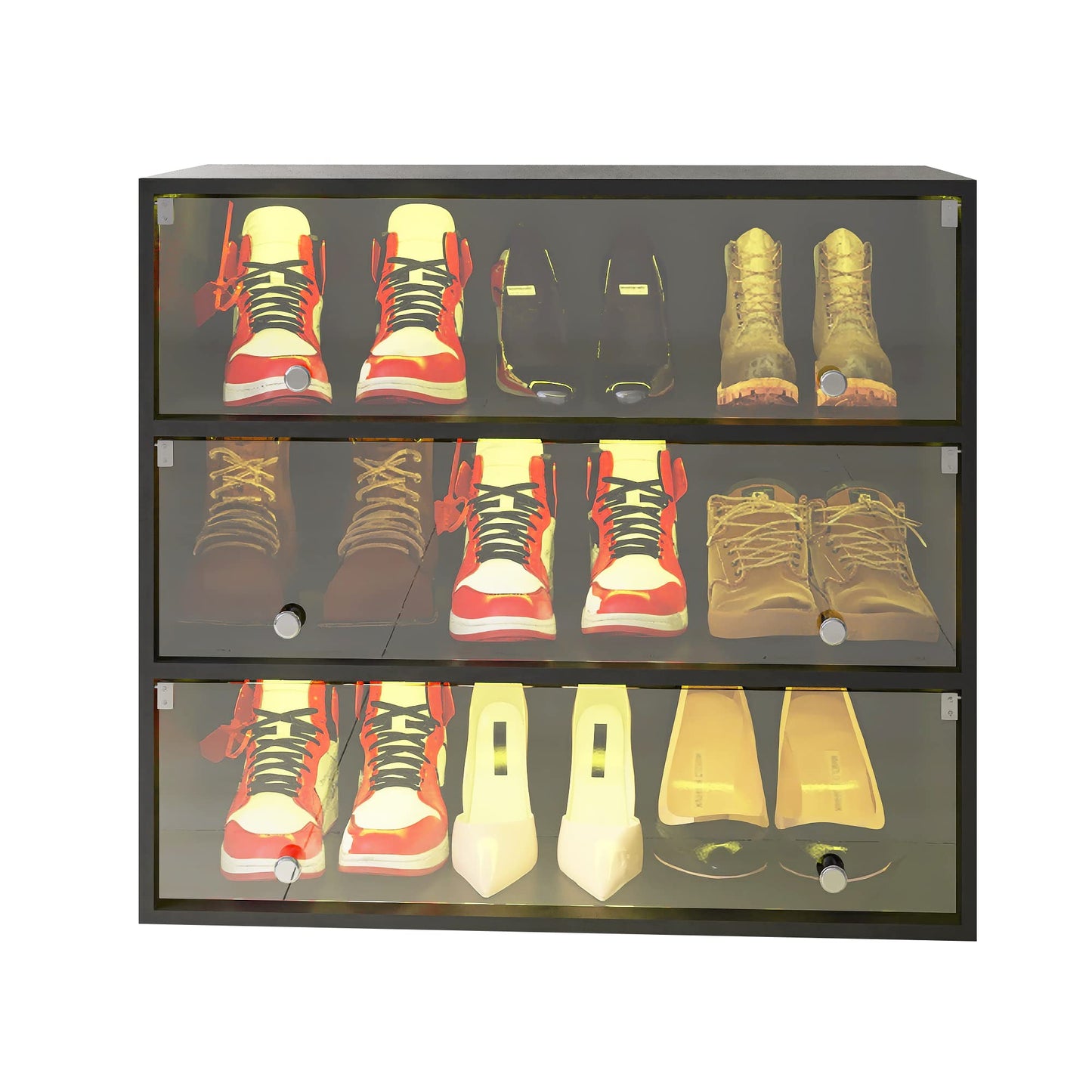 HomVent Shoe Box with RGB LED Light, Wooden Stackable Shoe Storage Box with Glass Door, Shoe Storage Bin Shoe Display Case for Sneakers (3 Tier)