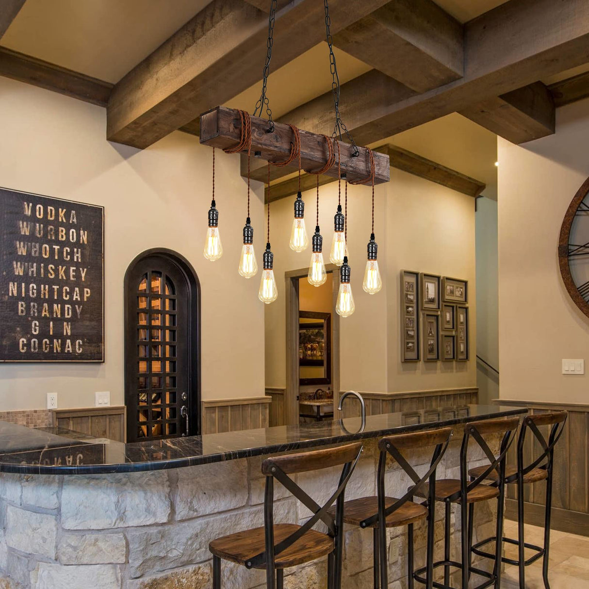 KEESFU 8-Lights Rustic Chandeliers for Dining Room, Farmhouse Wooden Ceiling Pendant Light, Height Adjustable, Rectangle Chandelier for Kitchen Island Dining Room Bar Pool Table Cabin. KEESFU