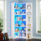 YITAHOME Corner Bookshelf with LED Light, 6 Tier Corner Shelf White Bookshelf L-Shaped Bookcase Storage Display Shelf for Home Office, Living Room, White YITAHOME