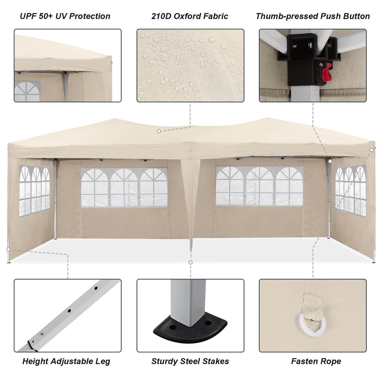 TUKAILAI 10' x 20' Pop Up Gazebo Marquee, Anti-UV Party Wedding Tent Event Shelters with 6 Removable Sidewalls & Carry Bag, Heavy Duty Instant Canopy for Outdoor Camping Garden Patio (Cream) TUKAILAi