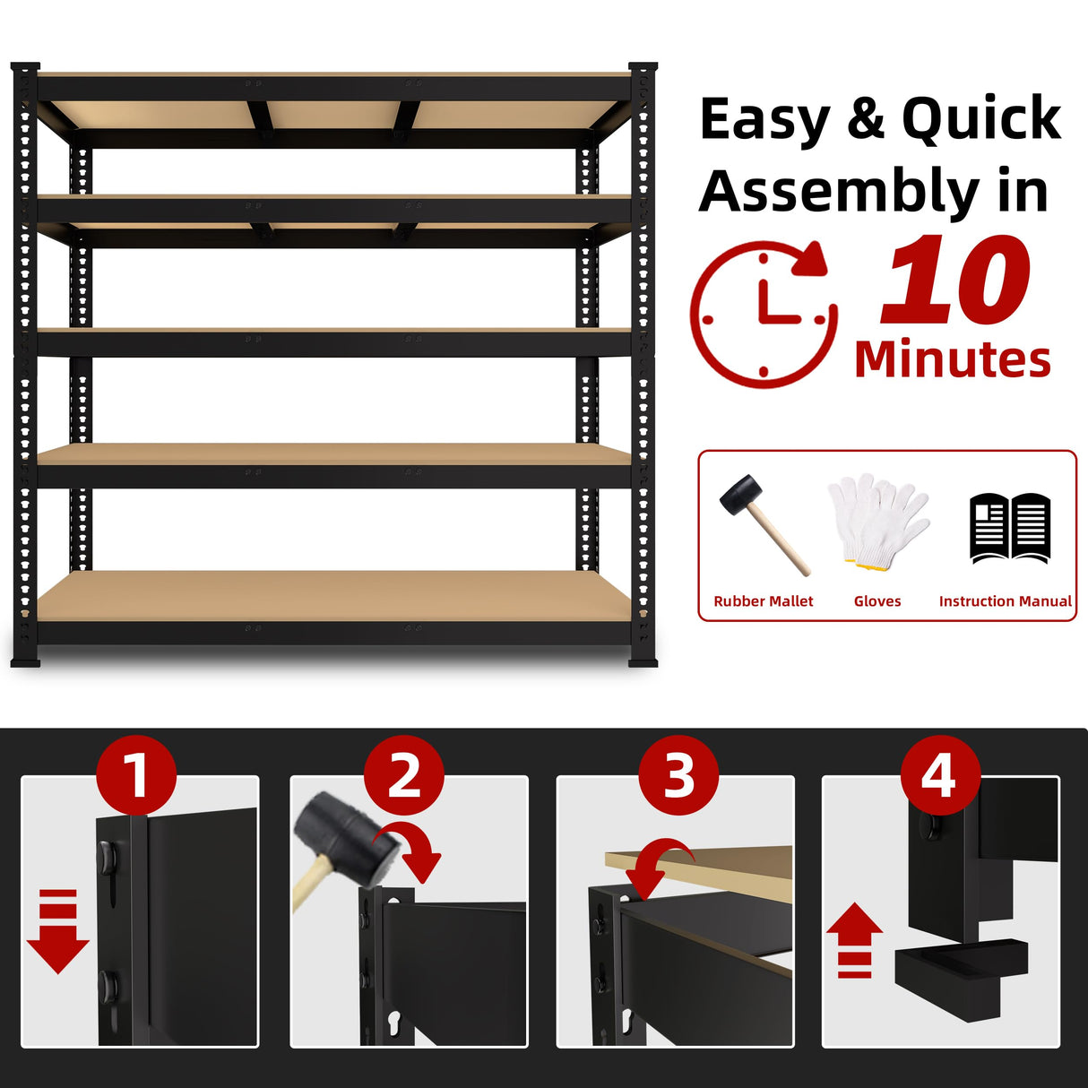 BuxWellBang 48" W x 18" D x 72" H Adjustable Garage Storage Shelves - 5-Shelf Heavy Duty Shelving Unit, Metal Utility Storage Organizer Racks for Warehouse Pantry Closet Kitchen, Black BuxWellBang