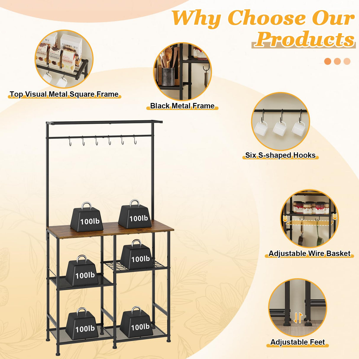 X-cosrack 60" Tall Bakers Racks for Kitchens, Microwave Stand, 4-Tiers Coffee Bar Table,with Adjustable Shelves and 6 S-Hooks,Open Shelf Storage, Kitchen Shelf for Spices, Pot Rack, Rustic Brown X-cosrack