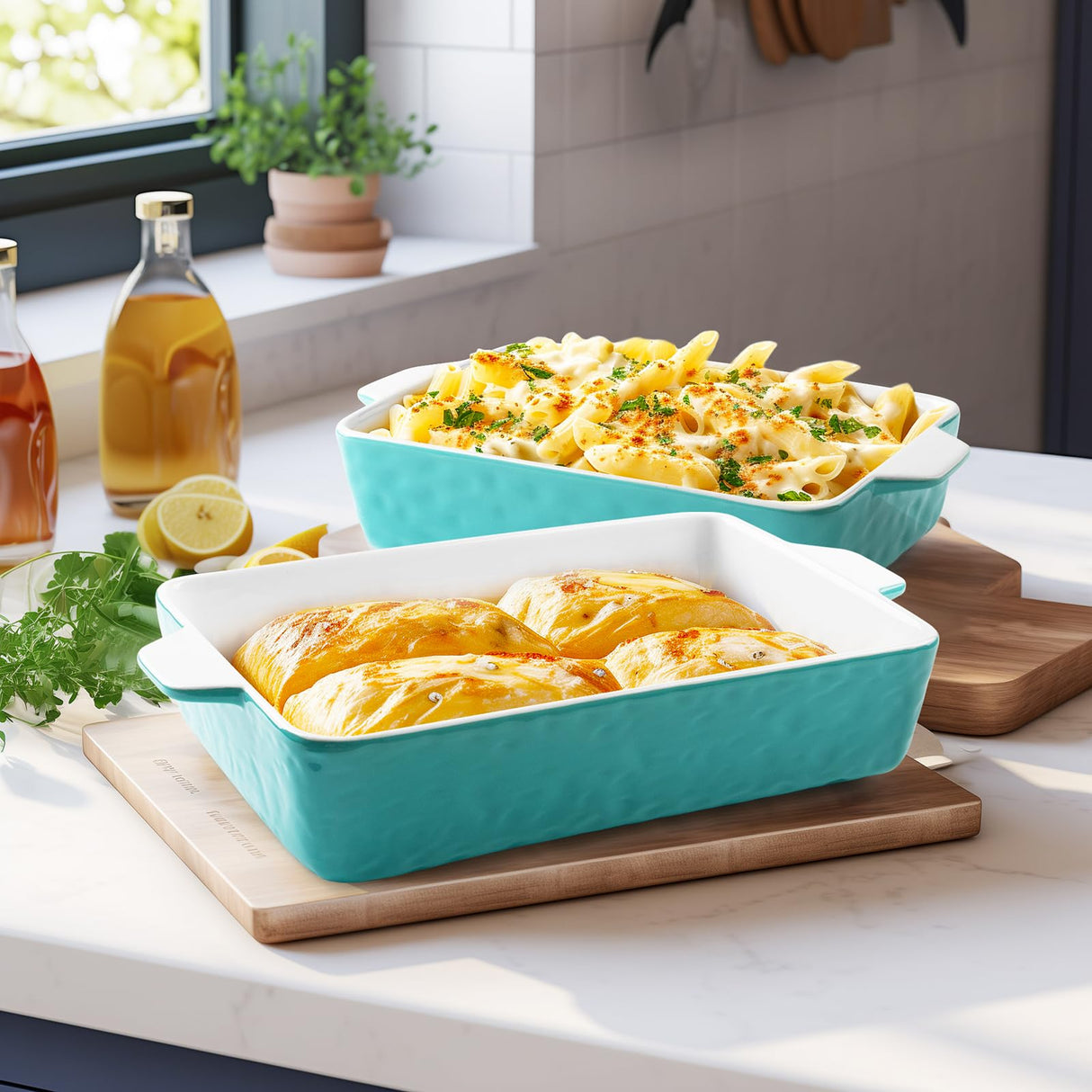 Krokori Casserole Dishes for Oven, Ceramic Baking Dishes, Lasagna Pan with Handles, Porcelain Baking Pan Deep, Bakeware for Baking, Cooking, Wedding Gift, Set of 3 (11.6" x 7.8", Aquamarine) Krokori