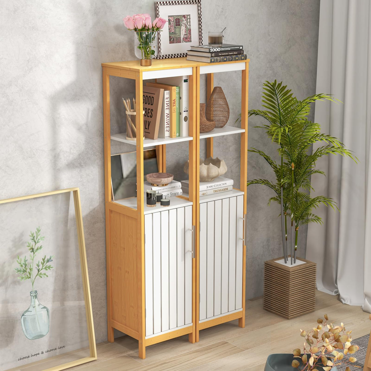 LOKO Bamboo Bathroom Storage Cabinet, Freestanding Floor Cabinet with Door, Adjustable Shelf & Open Shelves, Slim Narrow Linen Tower Cabinet for Living Room, Laundry Room, Kitchen, (White+Natural) LOKO