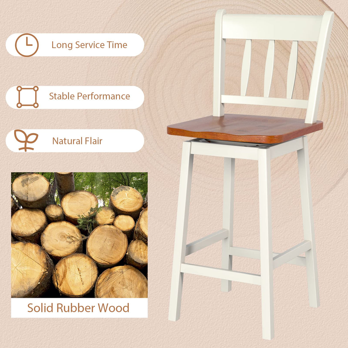 COSTWAY Set of 2 24.5-Inch Swivel Bar Stools in White Rubber Wood with Footrest and Ergonomic Design COSTWAY
