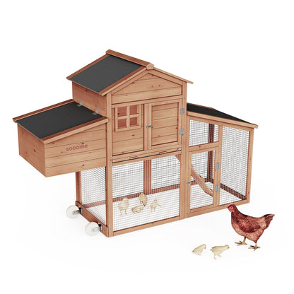 SOCOME 62.99" L Wooden Chicken Coop, Movable Large Pet Hutch On Wheels, Two Story Hen House with Nesting Box Leakproof Pull-on Tray, and Waterproof Roof Panel, for Guinea Pig,Rabbit,Chicks,Duck