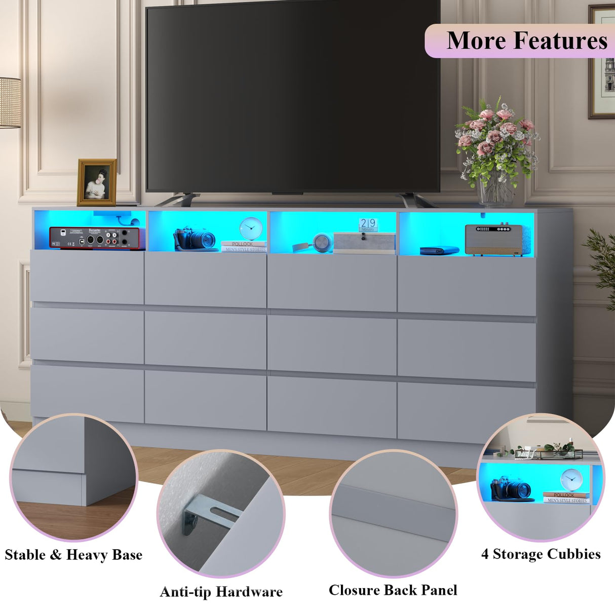 Loomie 12-Cell Divided Drawers Grey Dresser with Charging Station & Led Lights for Bedroom, Long 63" Wide Dresser TV Stand for TVs up to 75", Large Dressers Organizer with 4 Open Cubbies Loomie