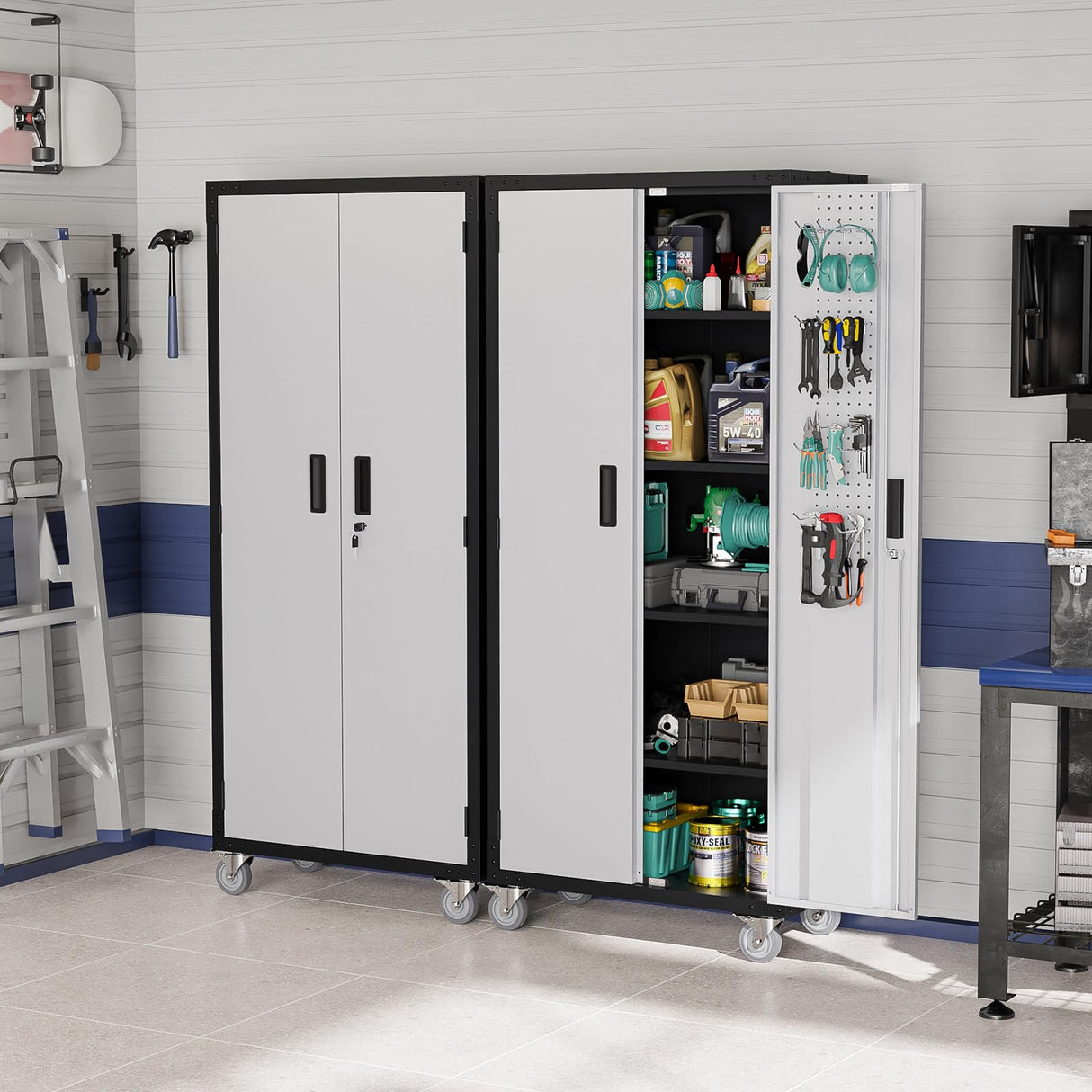 VINGLI 72'' Tall Garage Storage Cabinet, Metal Storage Cabinet with Pegboards, Wheels, Locking Doors and Adjustable Shelves (Black & Silver, 32''W x 16''D x 72''H) VINGLI