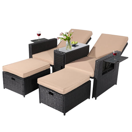 VUYUYU 5PCS Outdoor Wicker Chaise Lounge Chair - Rattan Adjustable Reclining Patio Lounge Chair with Ottoman and Coffee Table, for Patio Beach Pool Backyard (Black Wicker Khaki Cushion) VUYUYU