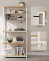 VASAGLE Oak + White 6-Tier Kitchen Baker's Rack with Adjustable Shelves & Hooks VASAGLE