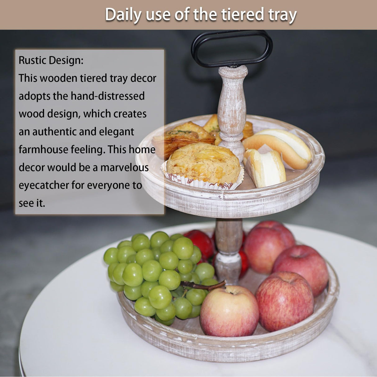 Krismax Decorative Trays - Two Tiered Tray Stand Rustic Tiered Tray Decor Farmhouse 2 Tiered Tray Serving Tray Seasonal & Holiday Decoration Wooden Tray for Coffee Table Farmhouse Display Stand Tray Krismax