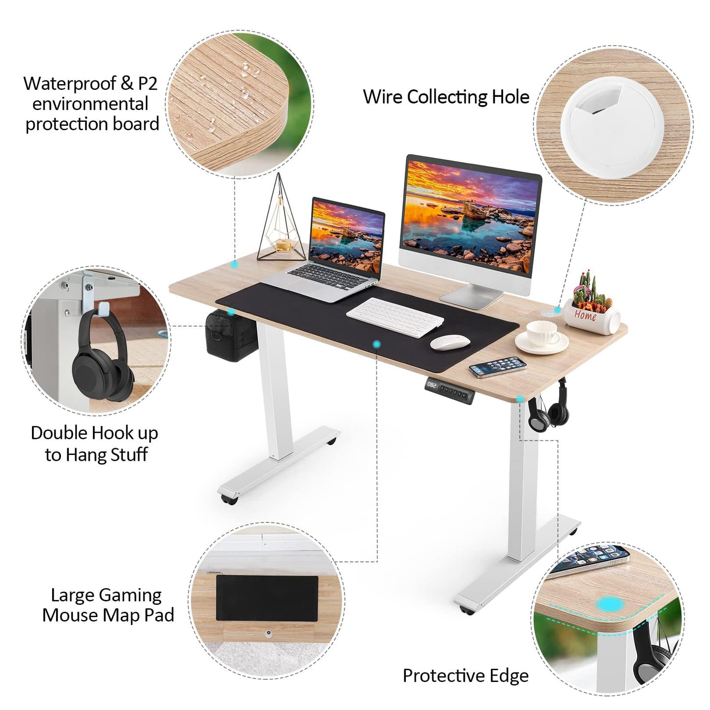 farexon Electric Standing Desk 63 x 24In with Charging Station, Stand up Desk with Oversized Mouse Pad, 2 USB Ports & 3 Power Outlets, 4 Caster, 4 Preset Heights Easy to Set(Oak Gray) - WoodArtSupply