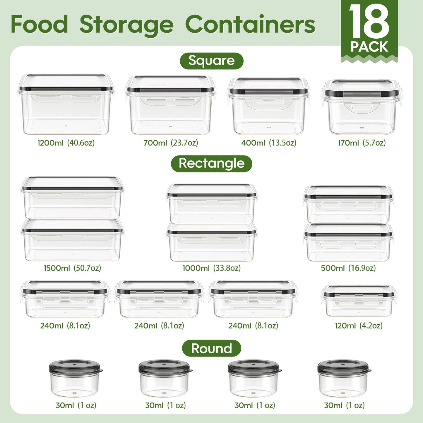 KEMETHY 36-Piece Food Storage Containers with Lids(18 Containers & 18 Lids), Plastic Food Containers for Pantry & Kitchen Storage and Organization, BPA-Free, Leak Proof, Reusable with Labels & Pen